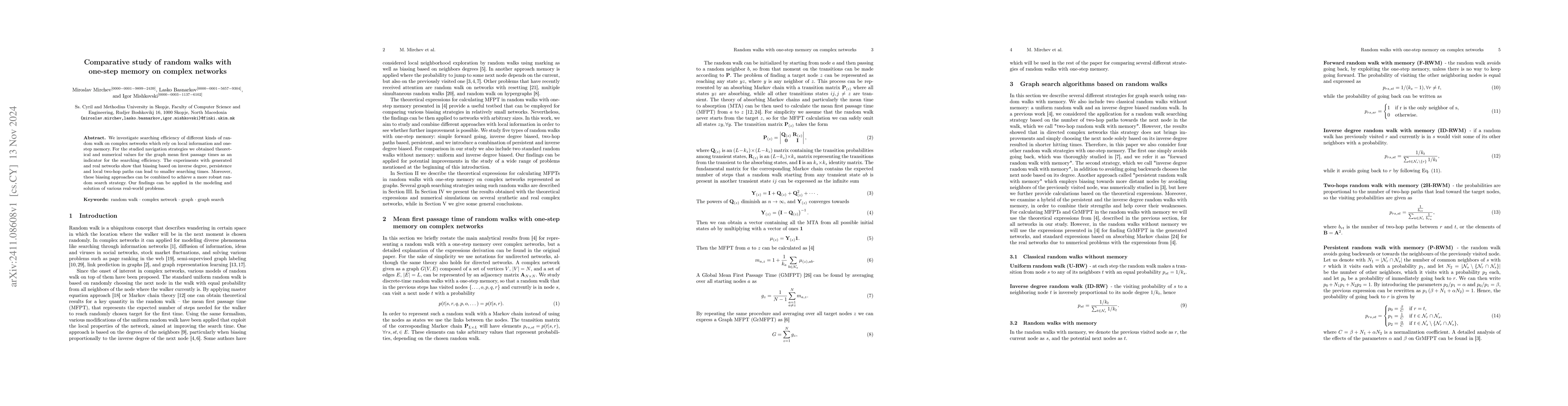 Thumbnail for Comparative study of random walks with one-step memory on complex
  networks