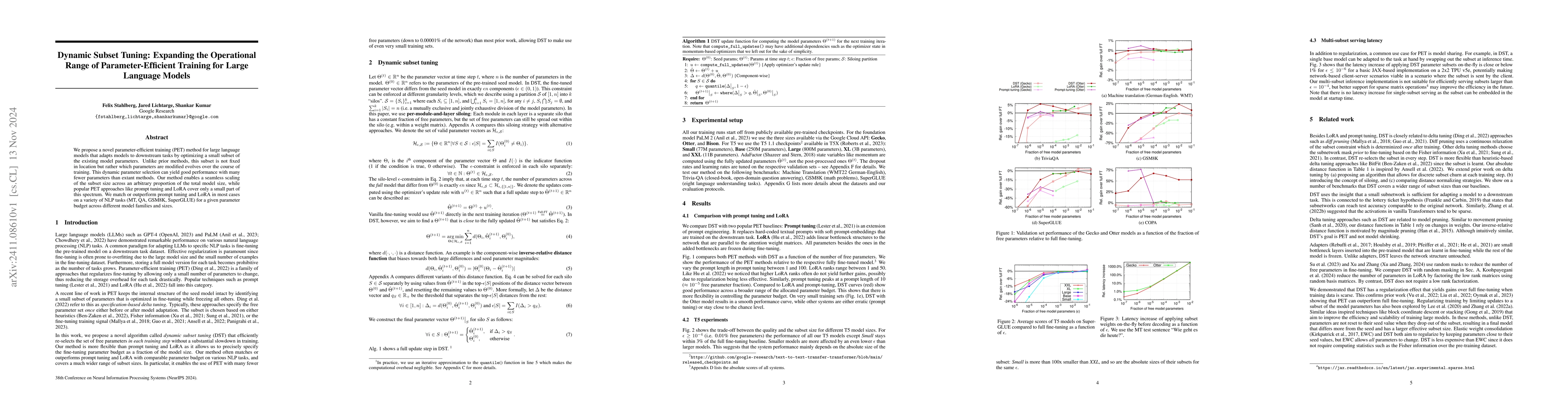 Thumbnail for Dynamic Subset Tuning: Expanding the Operational Range of
  Parameter-Efficient Training for Large Language Models