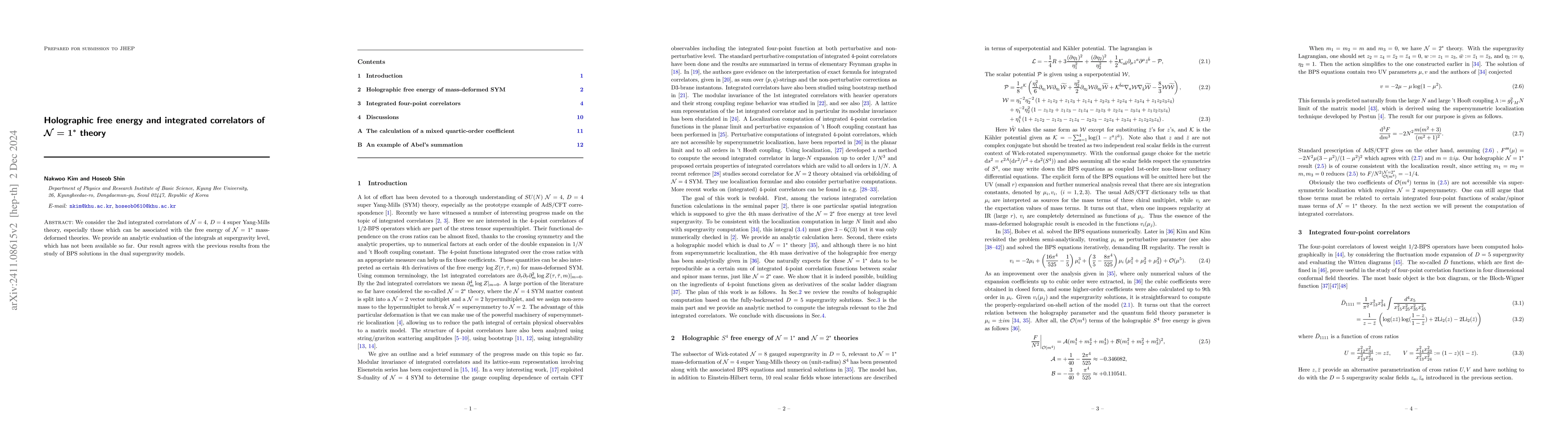 Thumbnail for Holographic free energy and integrated correlators of ${\cal N}=1^*$
  theory