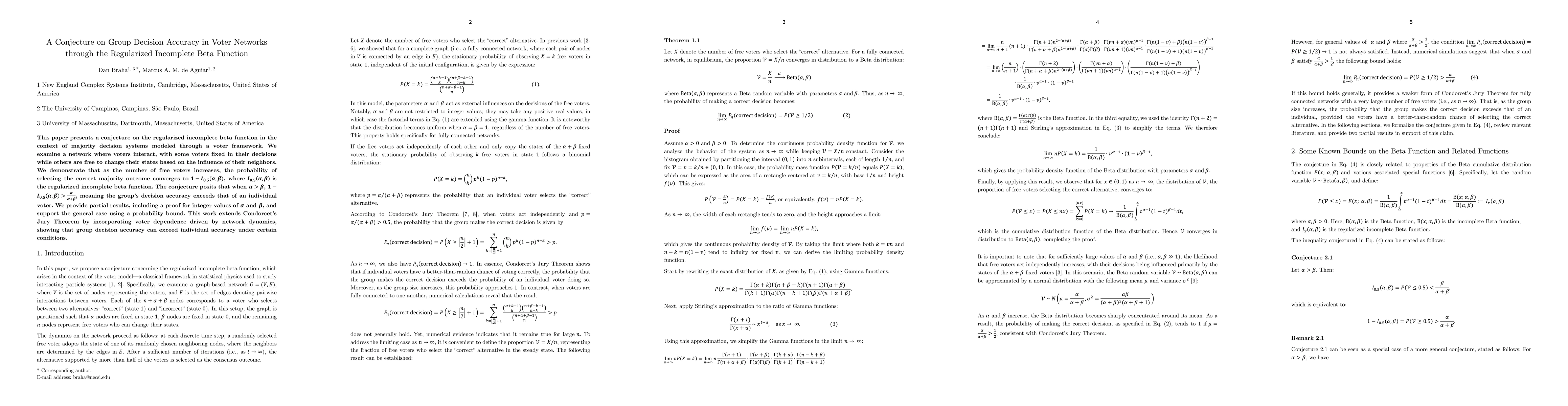 Thumbnail for A Conjecture on Group Decision Accuracy in Voter Networks through the
  Regularized Incomplete Beta Function