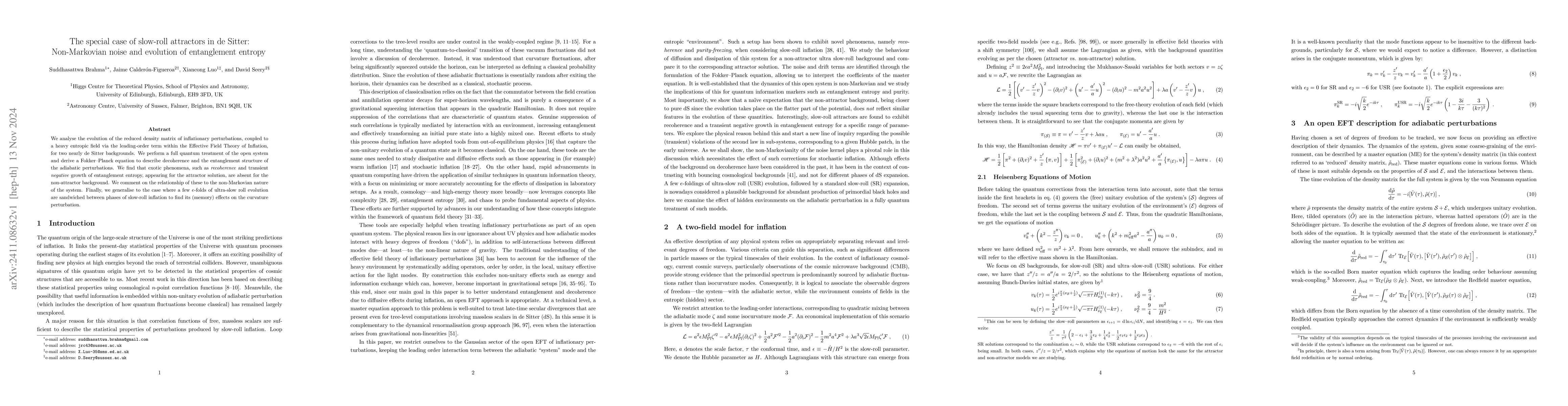 Thumbnail for The special case of slow-roll attractors in de Sitter: Non-Markovian
  noise and evolution of entanglement entropy