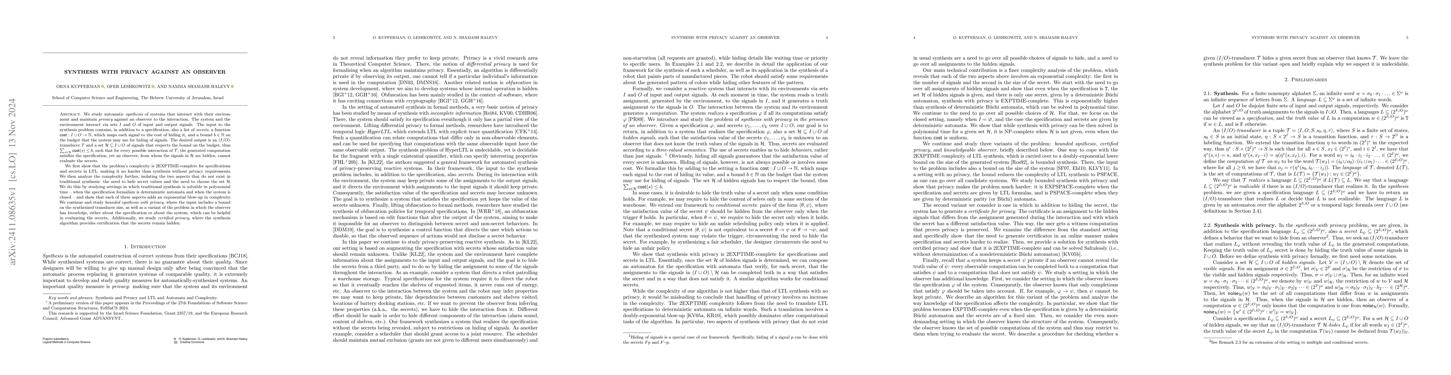 Thumbnail for Synthesis with Privacy Against an Observer