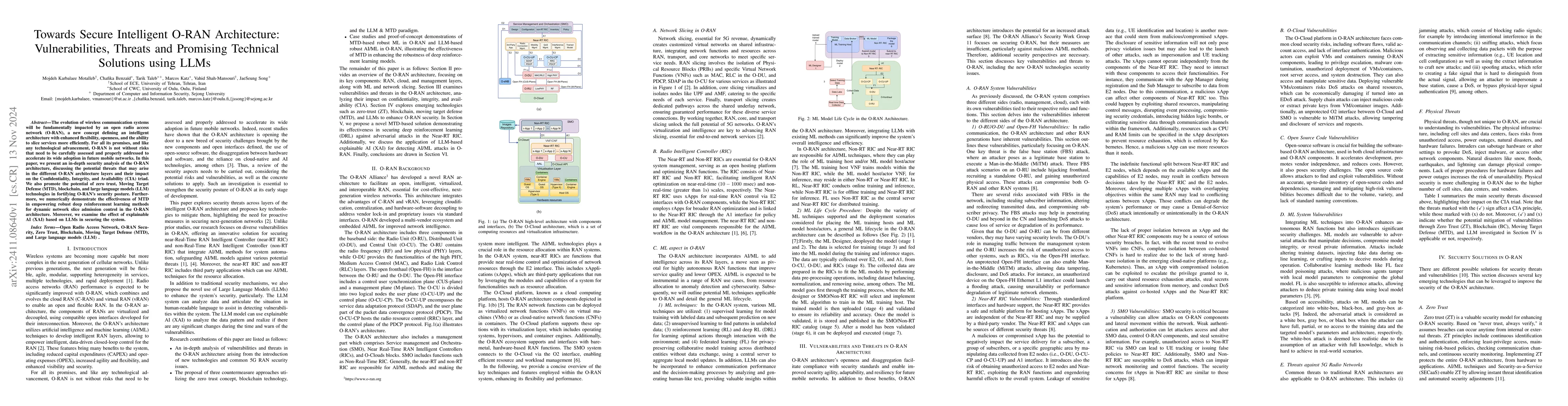 Thumbnail for Towards Secure Intelligent O-RAN Architecture: Vulnerabilities, Threats
  and Promising Technical Solutions using LLMs