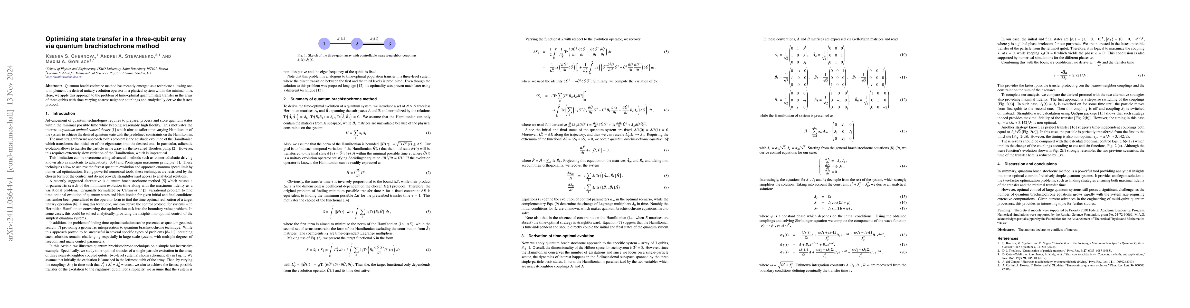 Thumbnail for Optimizing state transfer in a three-qubit array via quantum
  brachistochrone method
