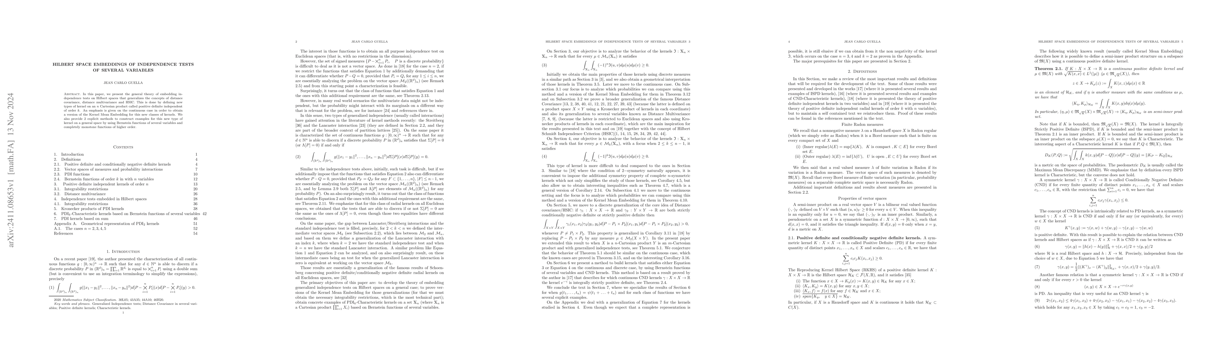 Thumbnail for Hilbert space embeddings of independence tests of several variables