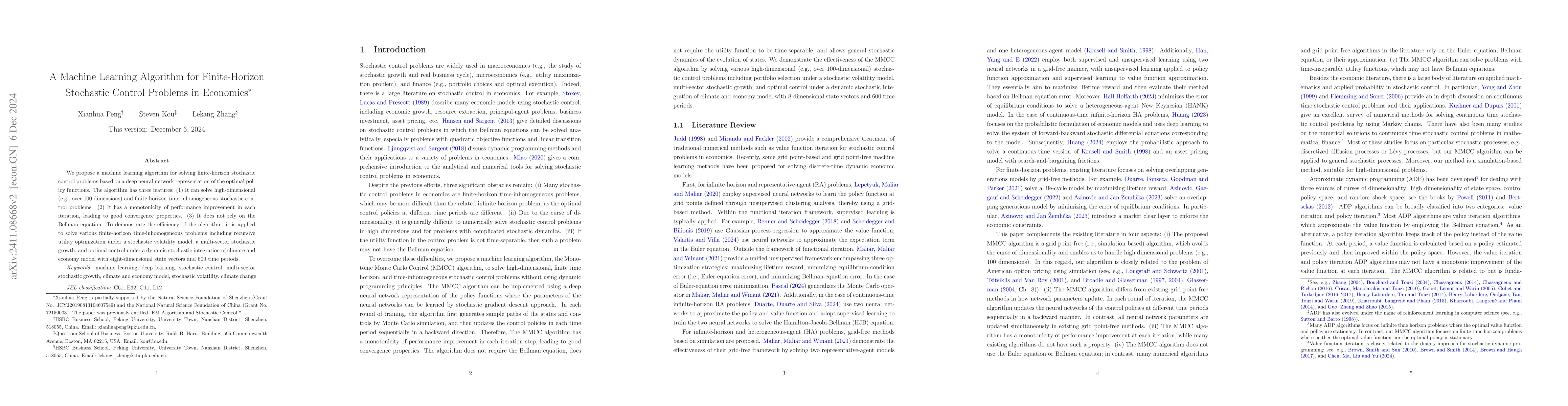 Thumbnail for A Machine Learning Algorithm for Finite-Horizon Stochastic Control
  Problems in Economics
