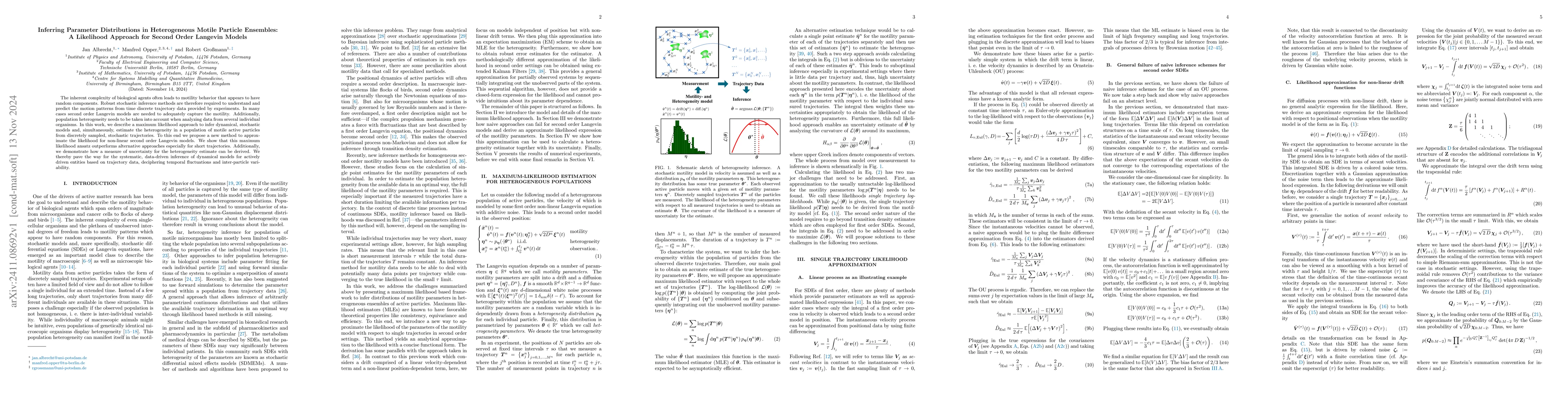 Thumbnail for Inferring Parameter Distributions in Heterogeneous Motile Particle
  Ensembles: A Likelihood Approach for Second Order Langevin Models