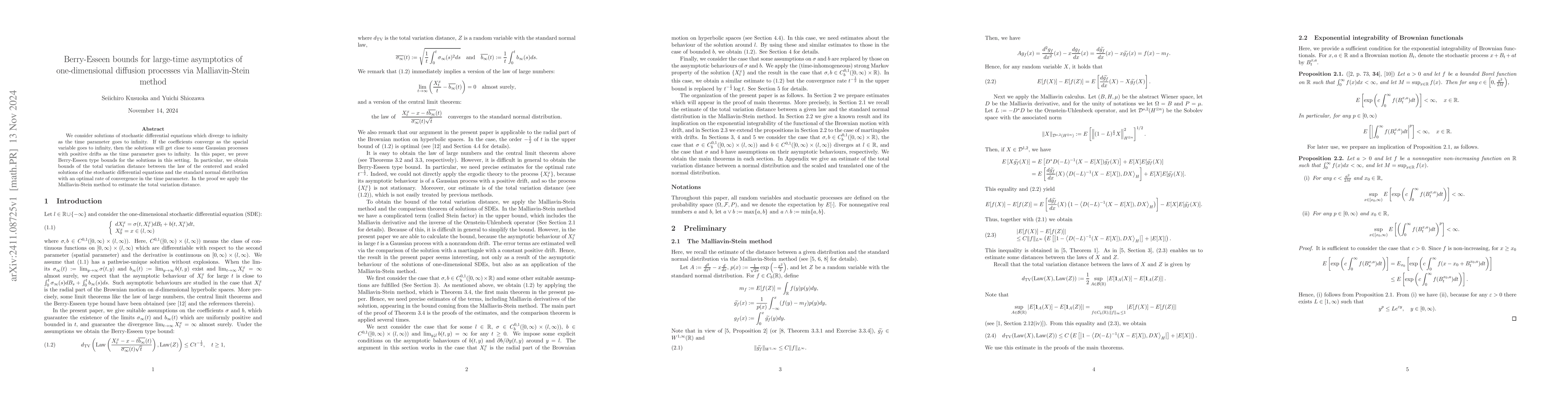 Thumbnail for Berry-Esseen bounds for large-time asymptotics of one-dimensional
  diffusion processes via Malliavin-Stein method