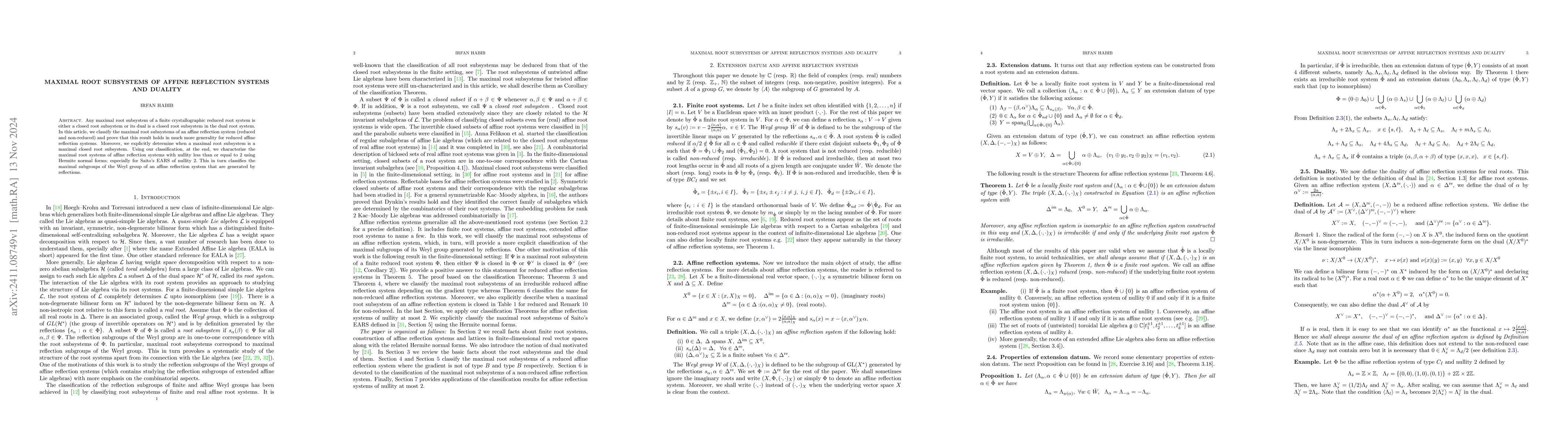 Thumbnail for Maximal root subsystems of affine reflection systems and duality