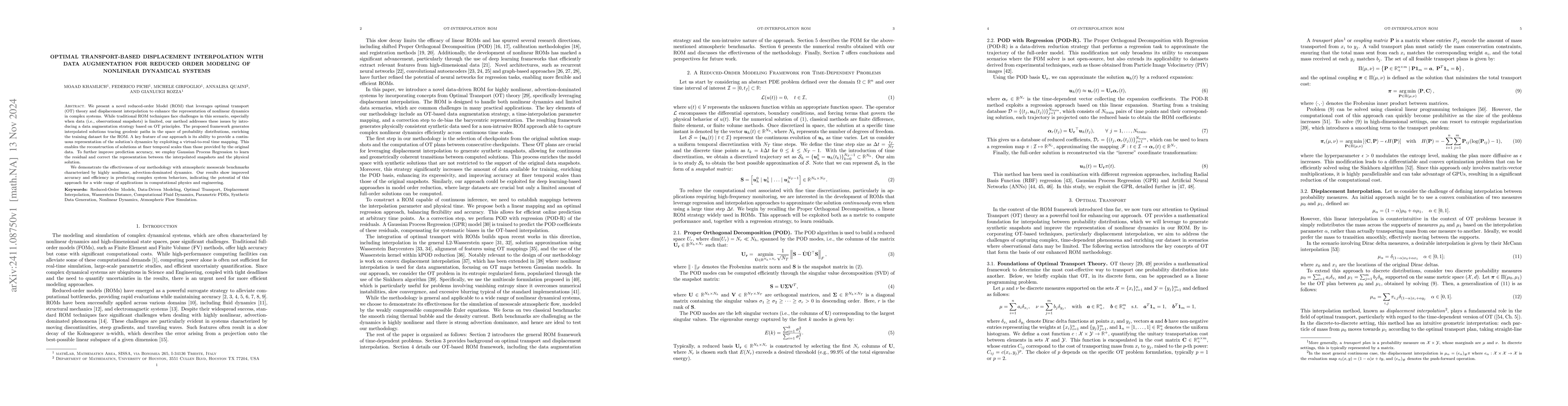 Thumbnail for Optimal Transport-Based Displacement Interpolation with Data
  Augmentation for Reduced Order Modeling of Nonlinear Dynamical Systems