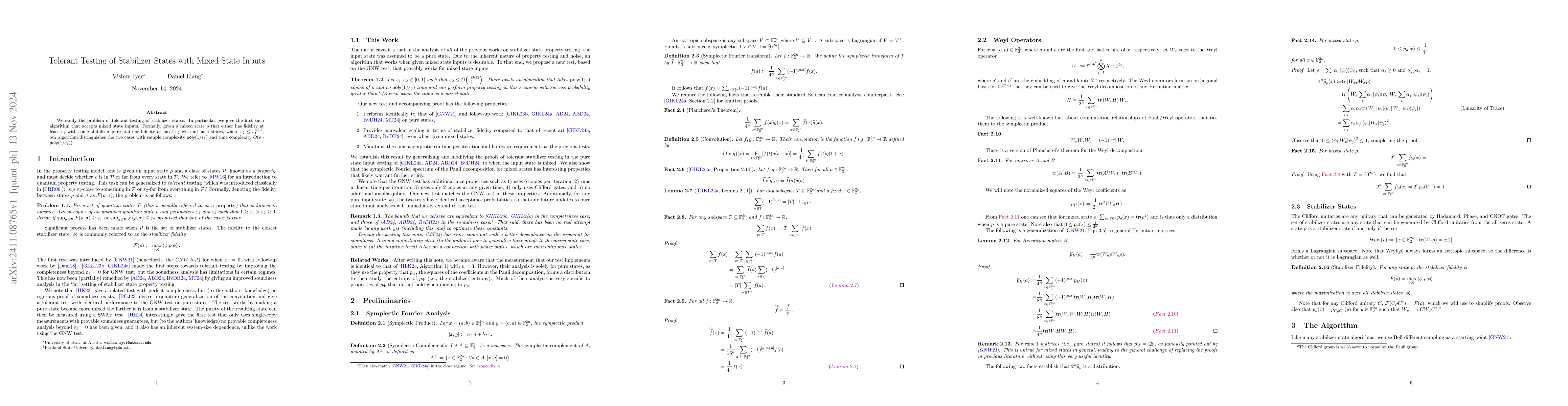 Thumbnail for Tolerant Testing of Stabilizer States with Mixed State Inputs