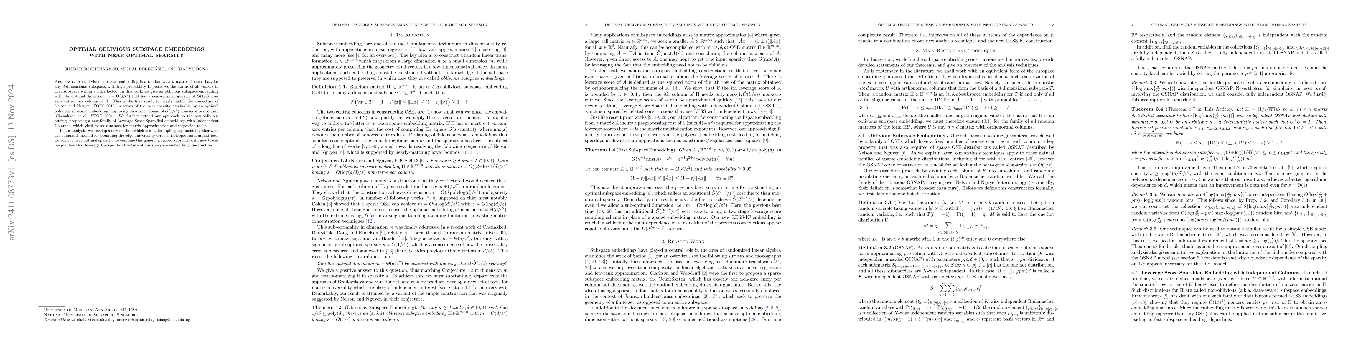 Thumbnail for Optimal Oblivious Subspace Embeddings with Near-optimal Sparsity