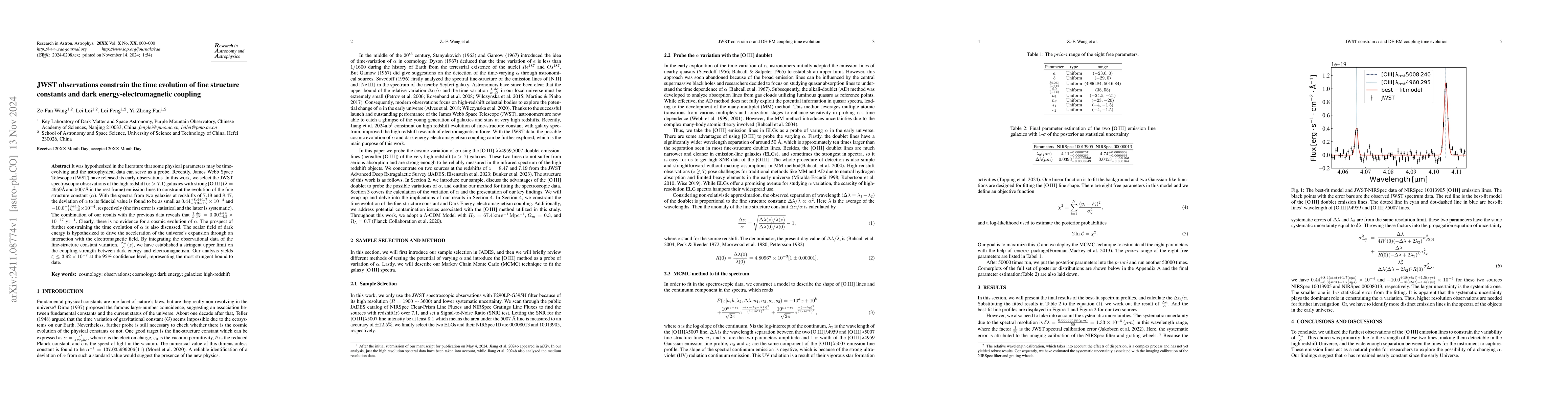 Thumbnail for JWST observations constrain the time evolution of fine structure
  constants and dark energy - electromagnetic coupling