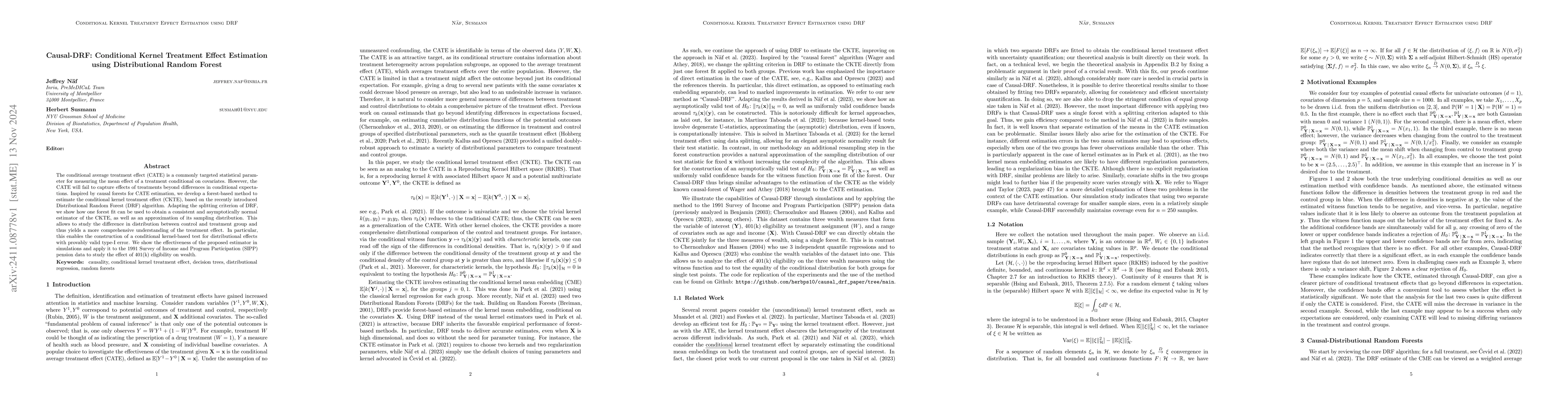Thumbnail for Causal-DRF: Conditional Kernel Treatment Effect Estimation using
  Distributional Random Forest