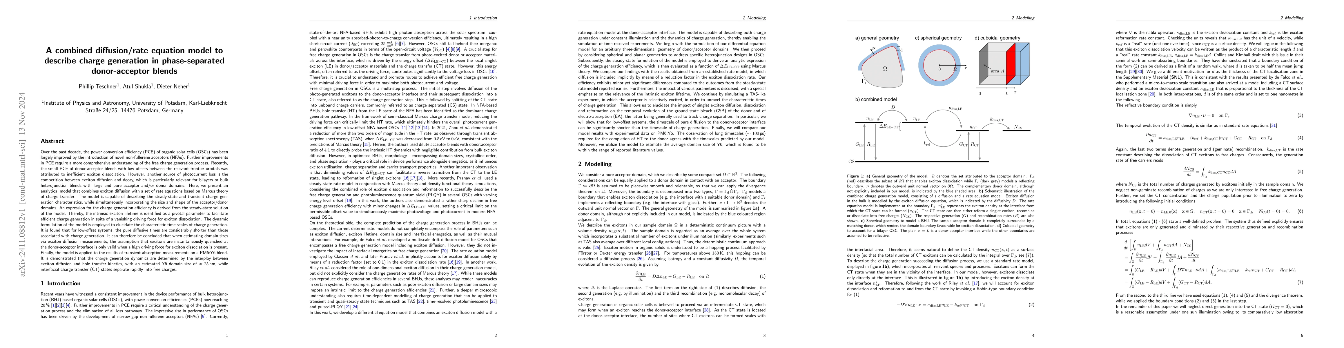 Thumbnail for A combined diffusion/rate equation model to describe charge generation
  in phase-separated donor-acceptor blends