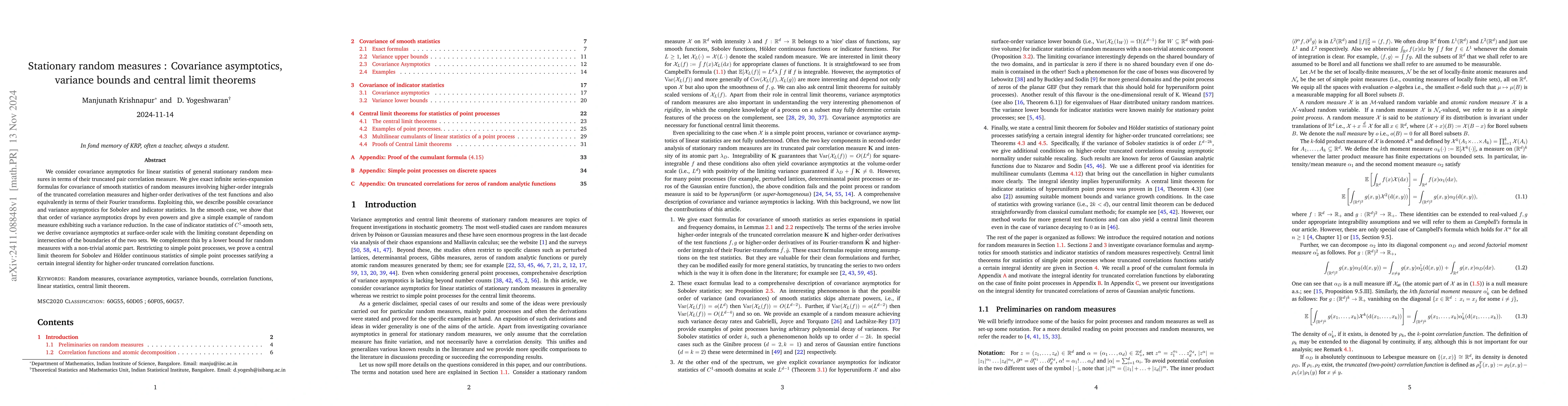 Thumbnail for Stationary random measures : Covariance asymptotics, variance bounds and
  central limit theorems