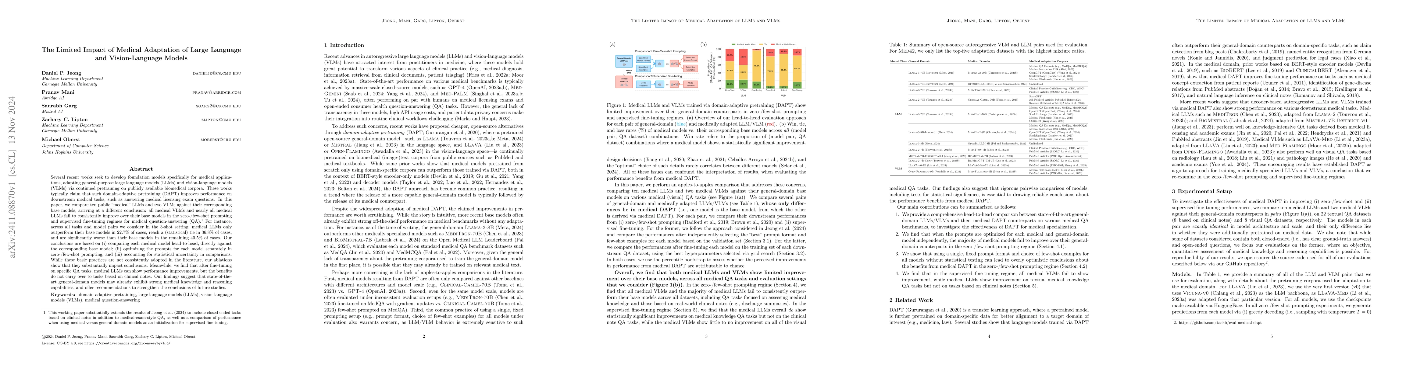 Thumbnail for The Limited Impact of Medical Adaptation of Large Language and
  Vision-Language Models