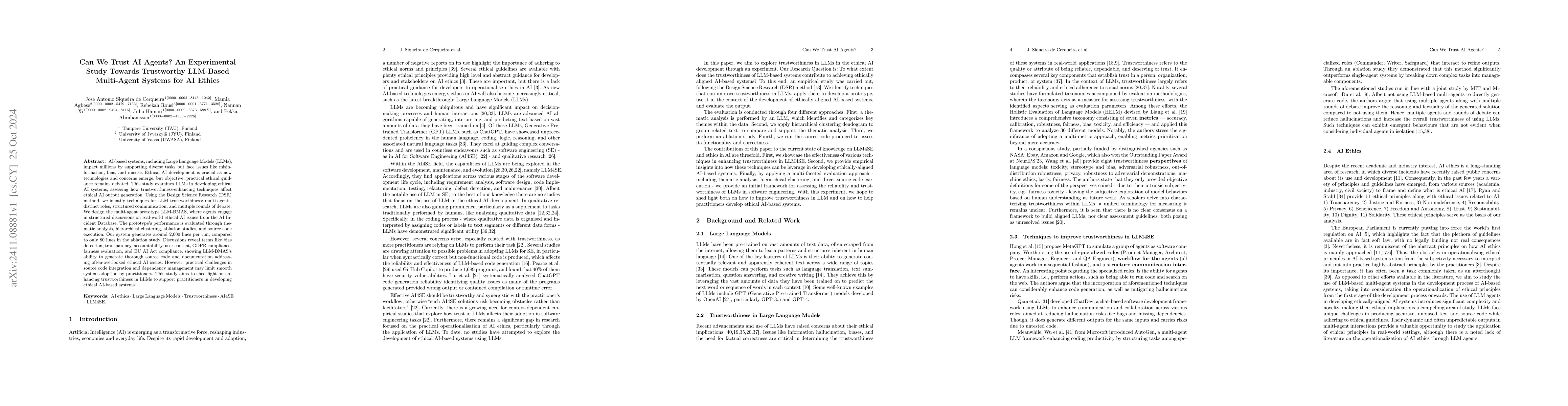 Thumbnail for Can We Trust AI Agents? An Experimental Study Towards Trustworthy
  LLM-Based Multi-Agent Systems for AI Ethics