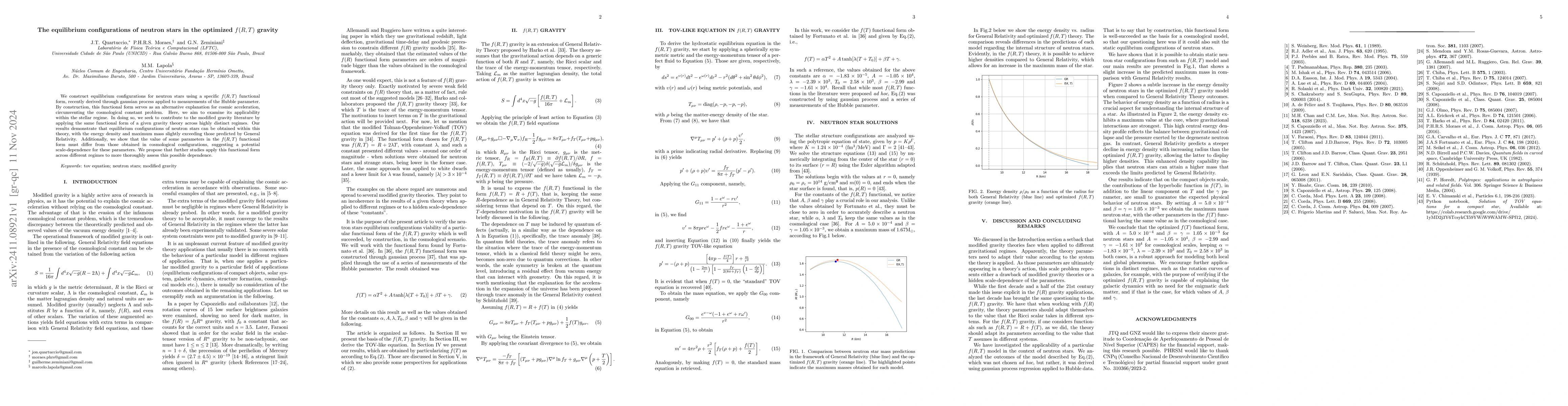 Thumbnail for The equilibrium configurations of neutron stars in the optimized
  $f(R,T)$ gravity