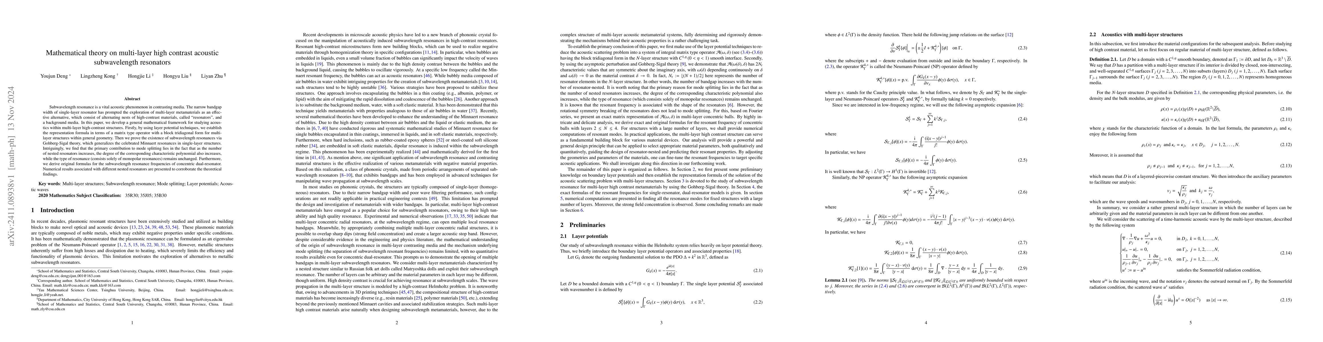 Thumbnail for Mathematical theory on multi-layer high contrast acoustic subwavelength
  resonators
