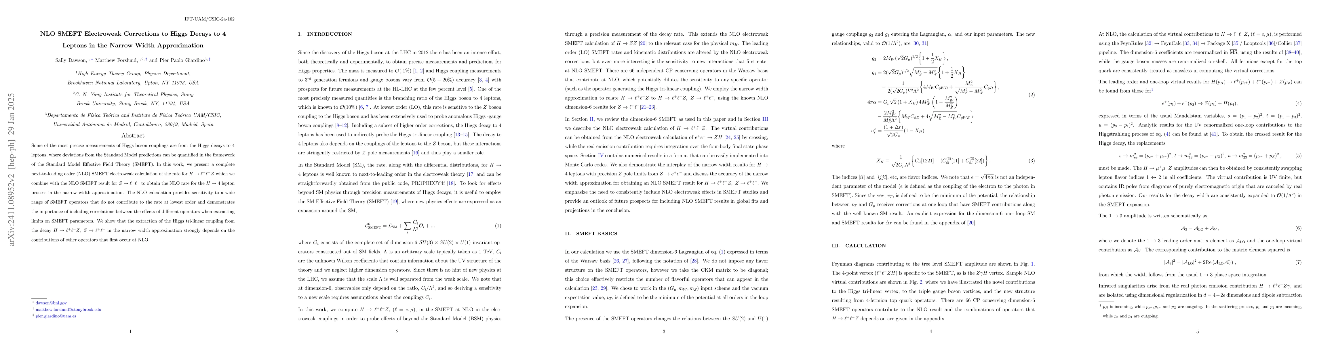 Thumbnail for NLO SMEFT Electroweak Corrections to Higgs Decays to 4 Leptons in the
  Narrow Width Approximation