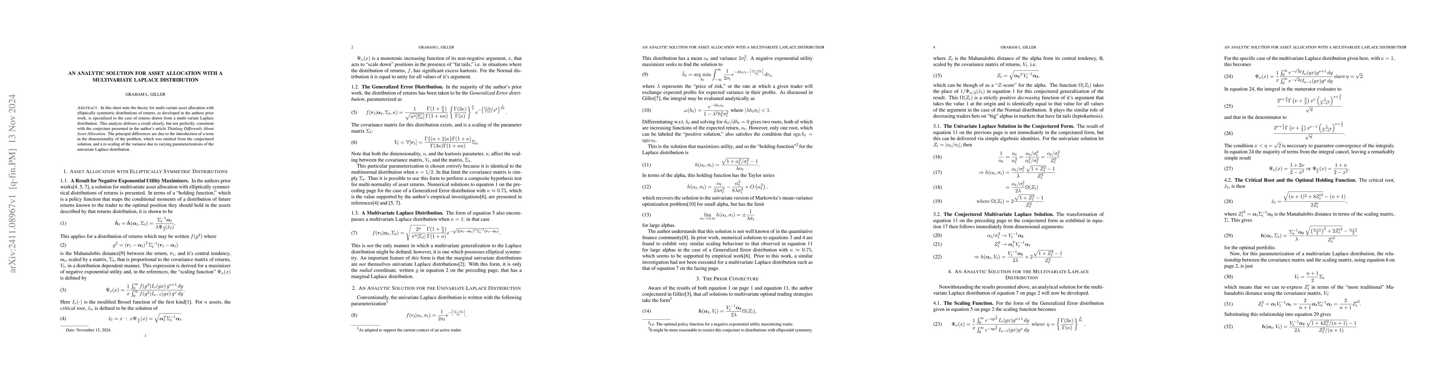 Thumbnail for An Analytic Solution for Asset Allocation with a Multivariate Laplace
  Distribution