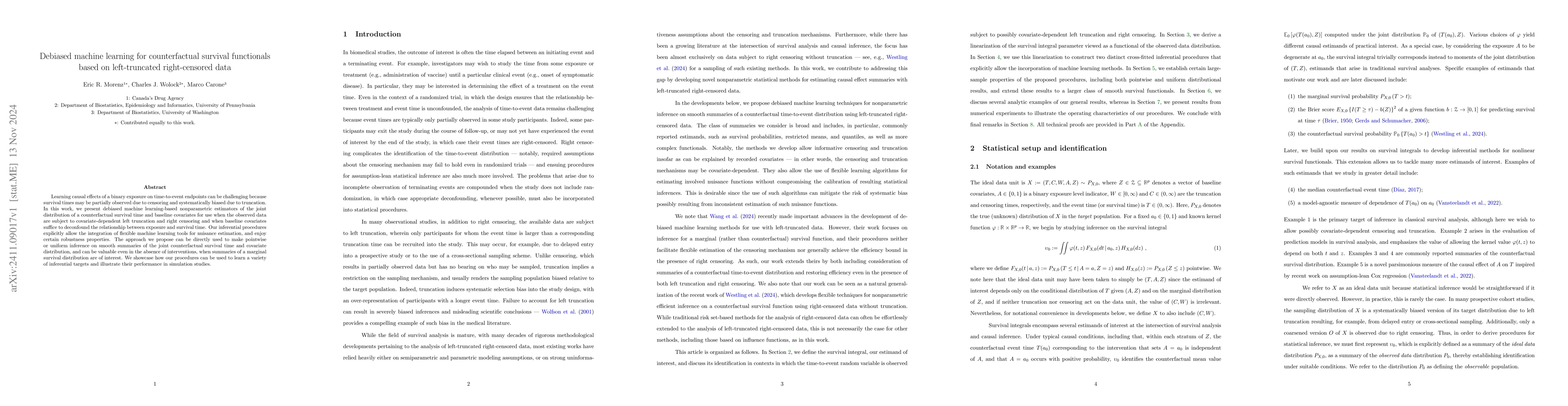 Thumbnail for Debiased machine learning for counterfactual survival functionals based
  on left-truncated right-censored data