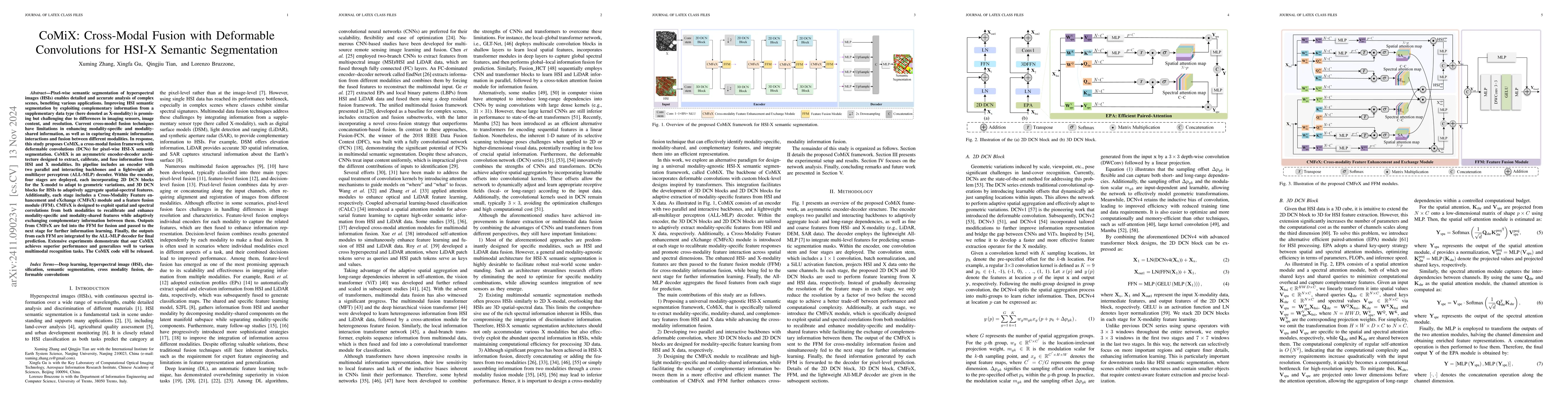 Thumbnail for CoMiX: Cross-Modal Fusion with Deformable Convolutions for HSI-X
  Semantic Segmentation