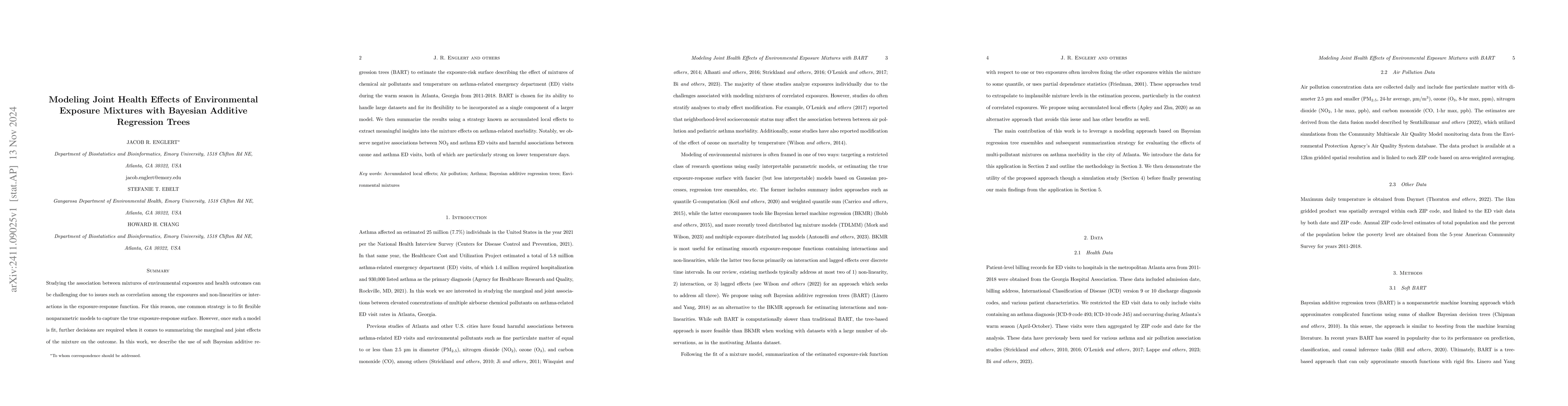 Thumbnail for Modeling Joint Health Effects of Environmental Exposure Mixtures with
  Bayesian Additive Regression Trees