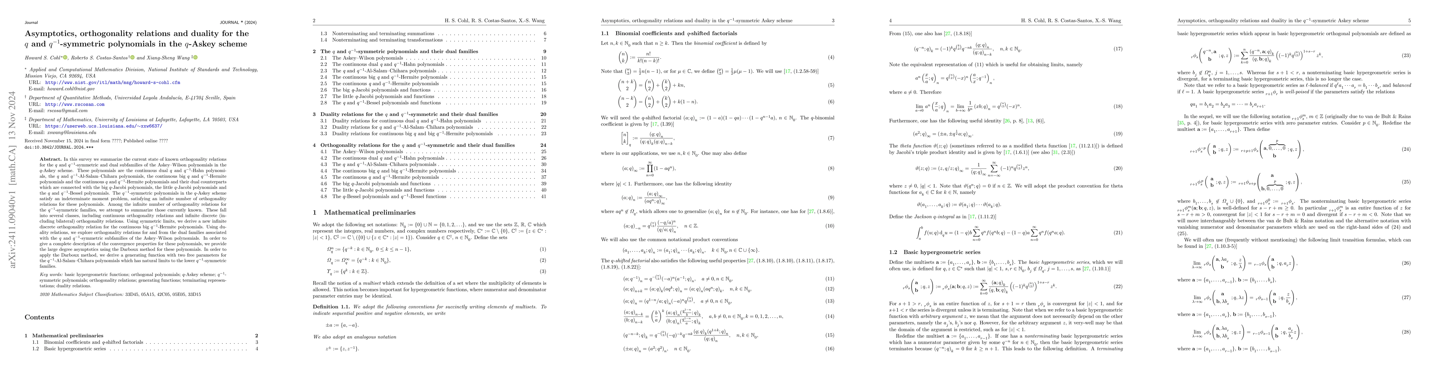Thumbnail for Asymptotics, orthogonality relations and duality for the $q$ and
  $q^{-1}$-symmetric polynomials in the $q$-Askey scheme