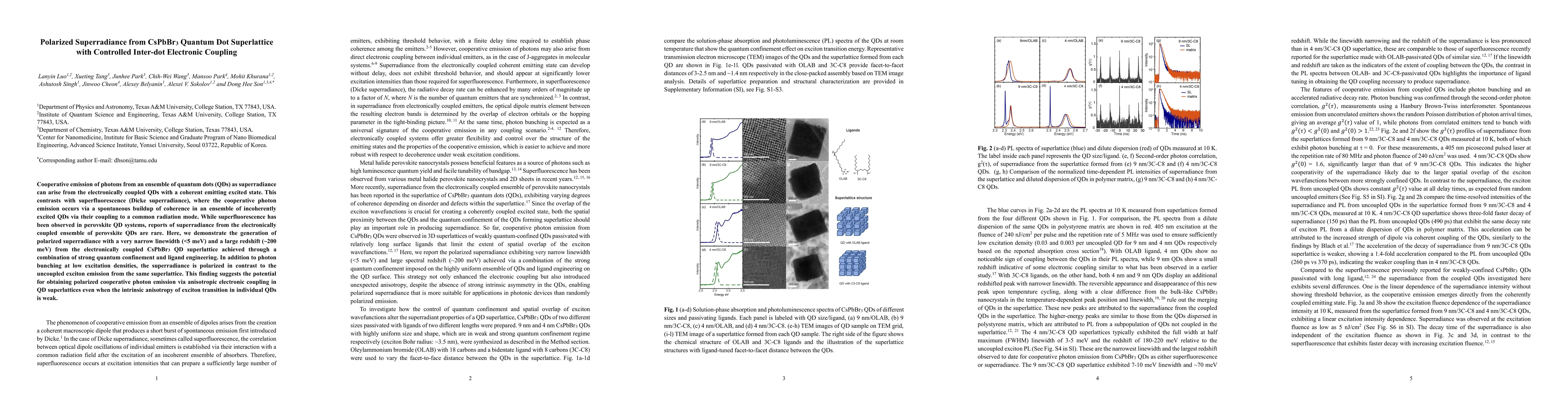 Thumbnail for Polarized Superradiance from CsPbBr3 Quantum Dot Superlattice with
  Controlled Inter-dot Electronic Coupling