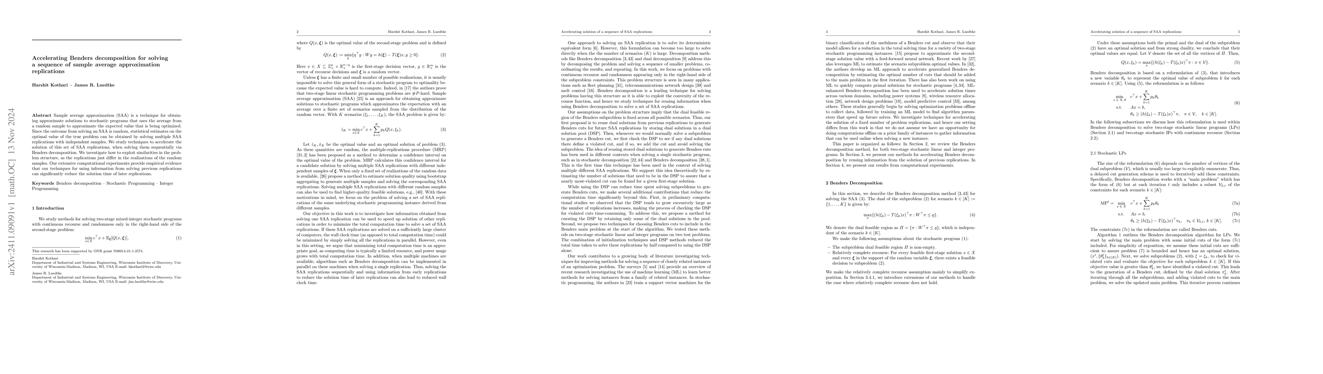 Thumbnail for Accelerating Benders decomposition for solving a sequence of sample
  average approximation replications