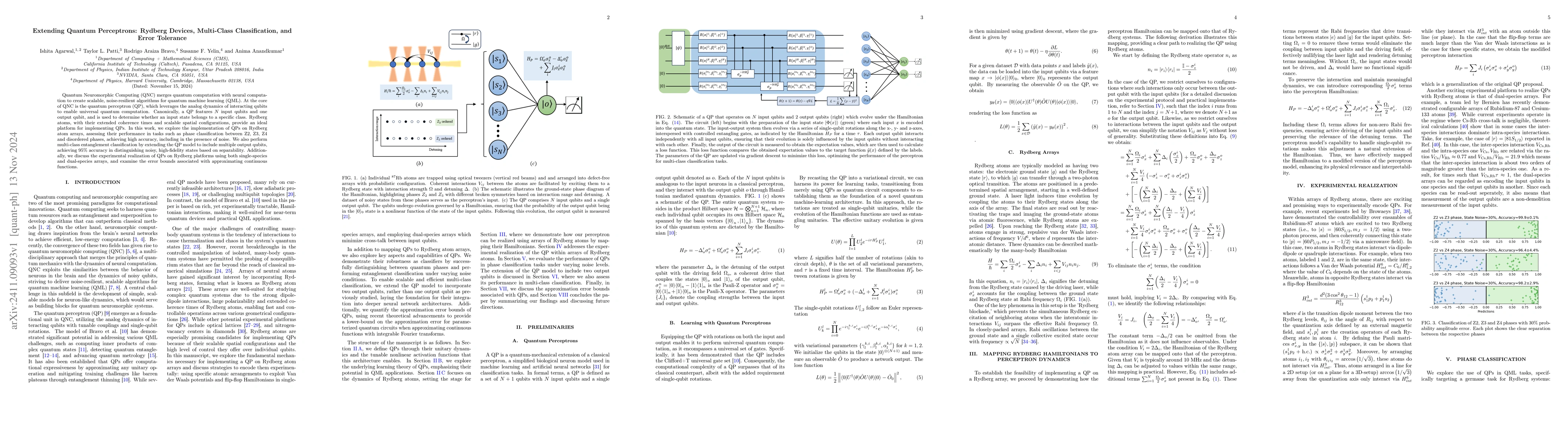 Thumbnail for Extending Quantum Perceptrons: Rydberg Devices, Multi-Class
  Classification, and Error Tolerance