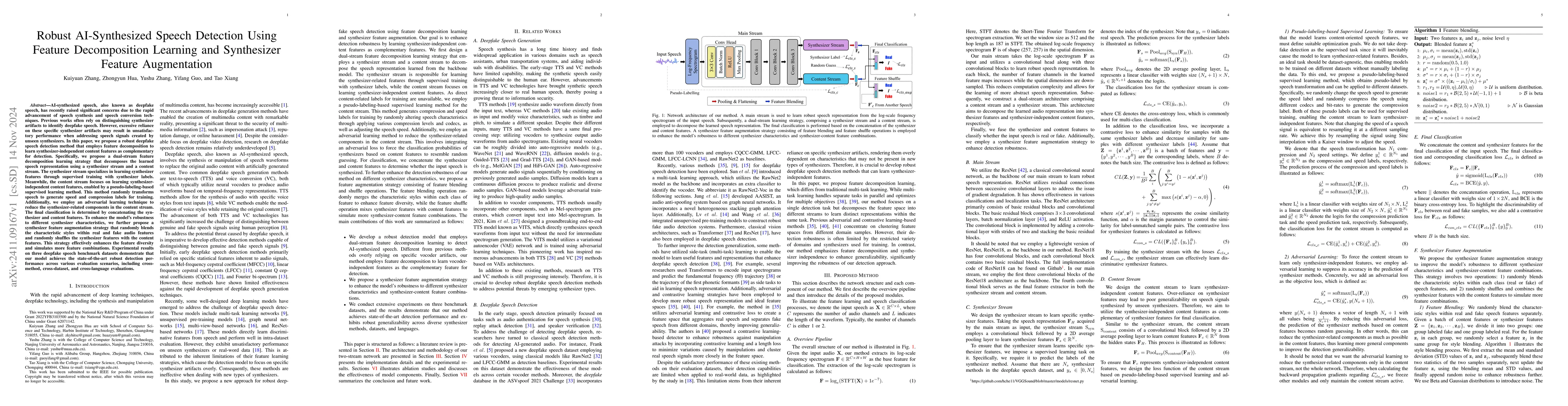 Thumbnail for Robust AI-Synthesized Speech Detection Using Feature Decomposition
  Learning and Synthesizer Feature Augmentation