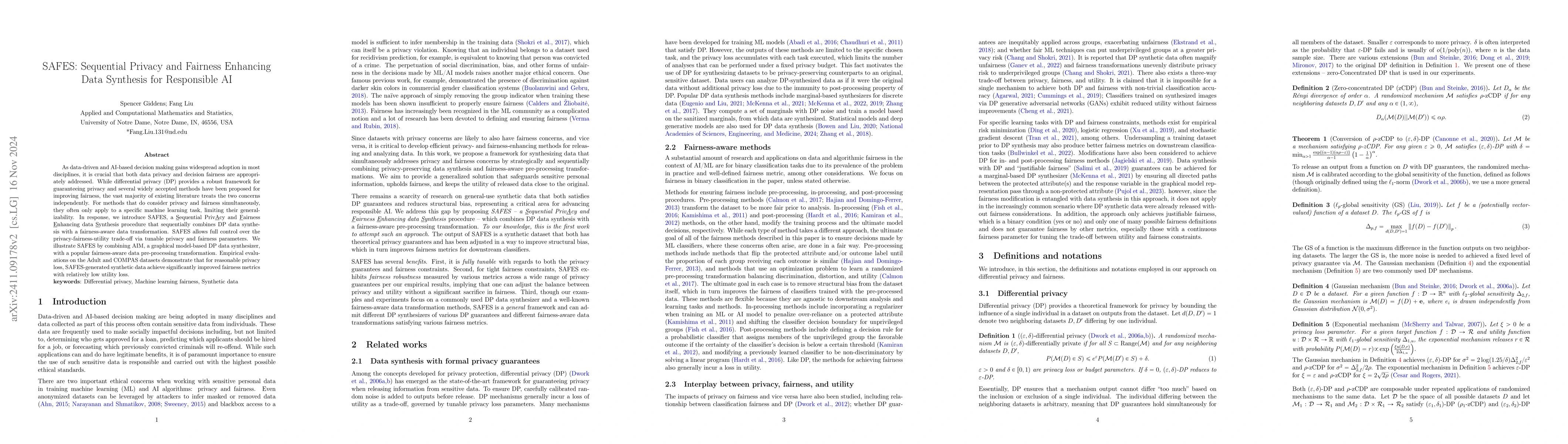 Thumbnail for SAFES: Sequential Privacy and Fairness Enhancing Data Synthesis for
  Responsible AI