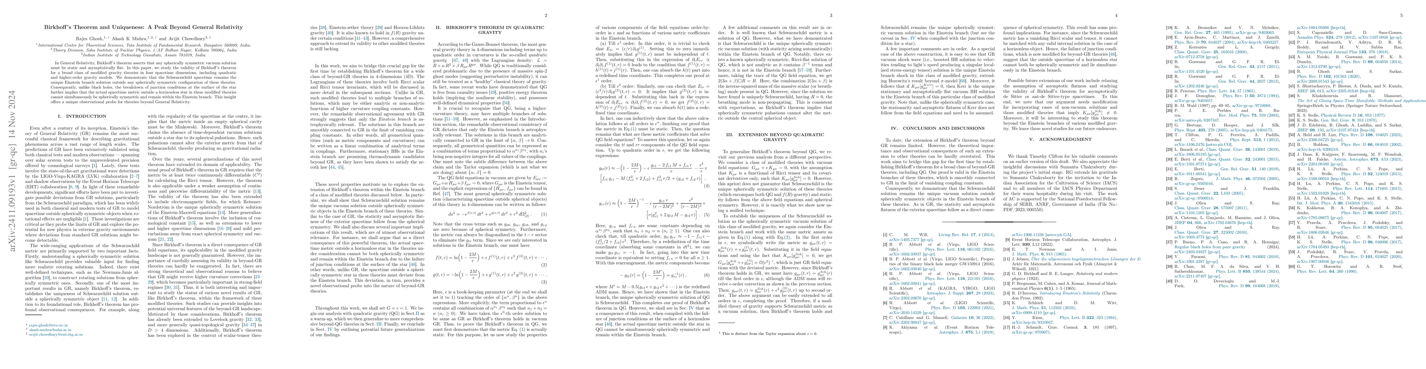 Thumbnail for Birkhoff's Theorem and Uniqueness: A Peak Beyond General Relativity