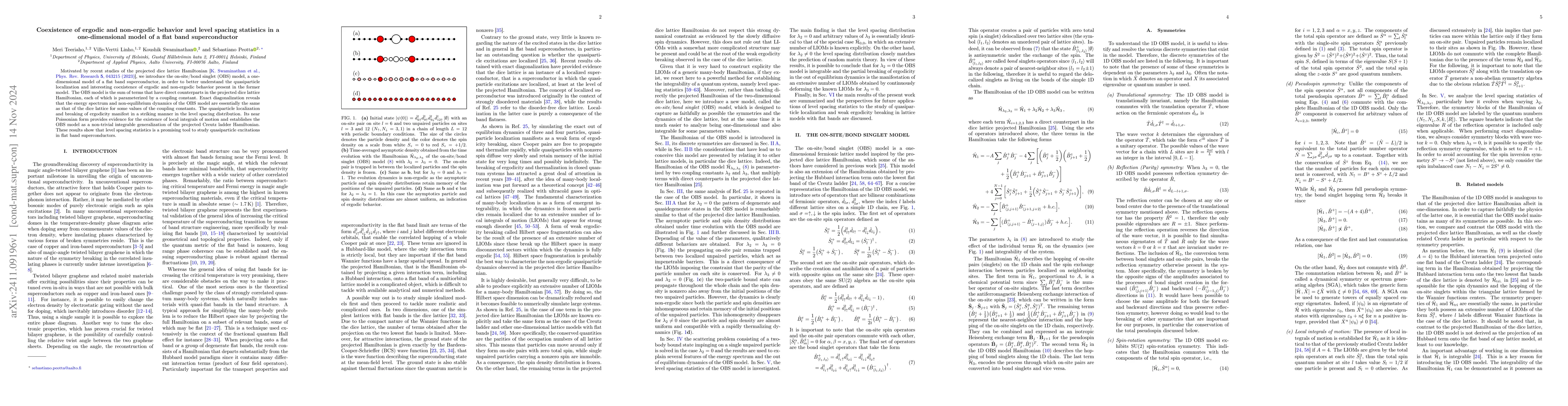 Thumbnail for Coexistence of ergodic and non-ergodic behavior and level spacing
  statistics in a one-dimensional model of a flat band superconductor