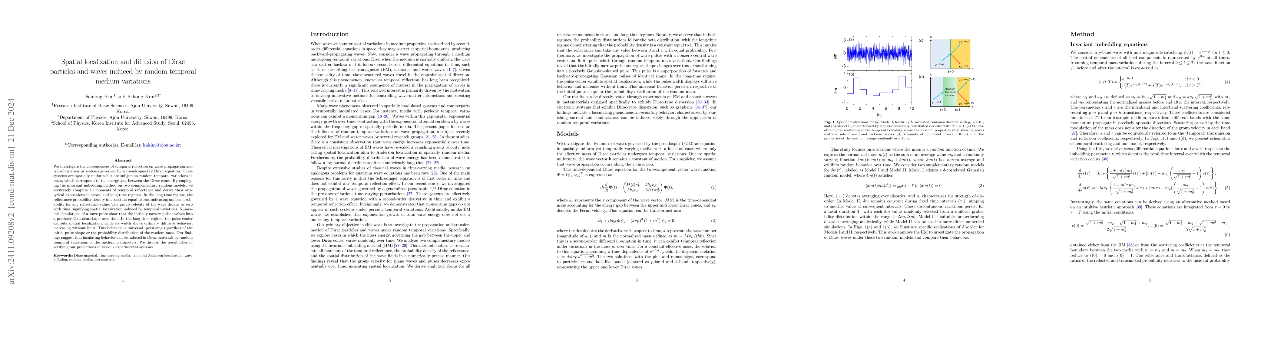 Thumbnail for Spatial localization and diffusion of Dirac particles and waves induced
  by random temporal medium variations