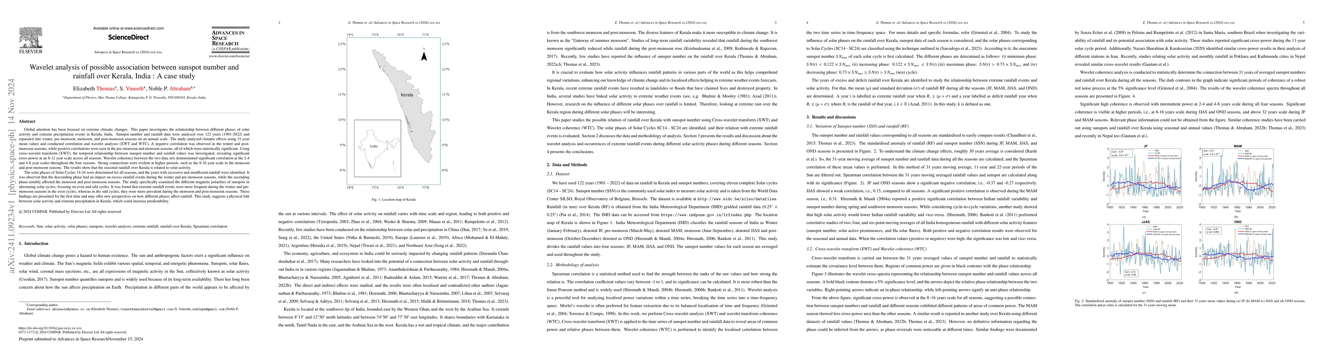Thumbnail for Wavelet analysis of possible association between sunspot number and
  rainfall over Kerala, India: A case study