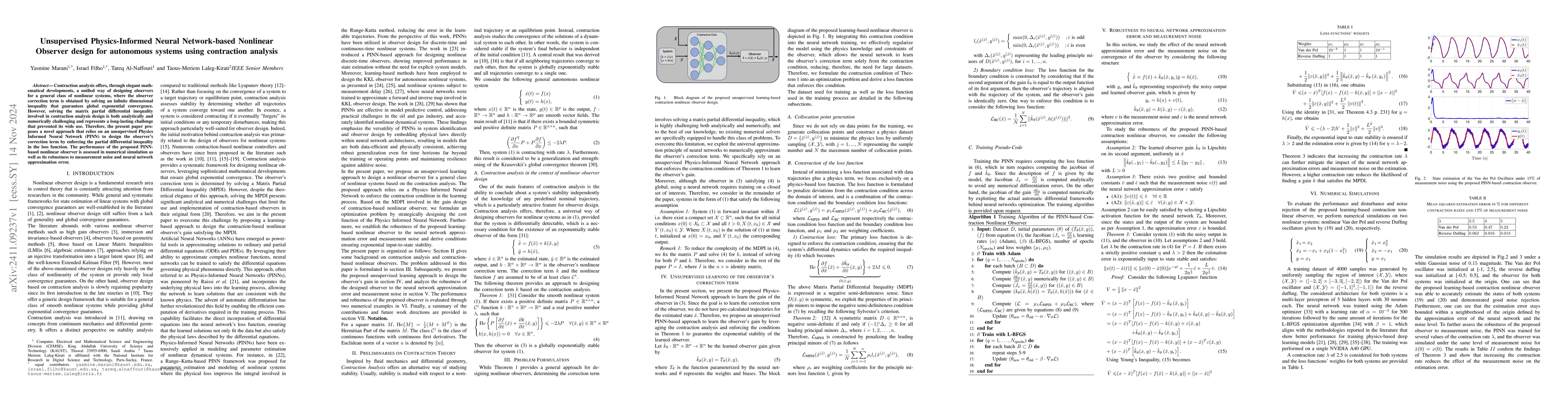 Thumbnail for Unsupervised Physics-Informed Neural Network-based Nonlinear Observer
  design for autonomous systems using contraction analysis