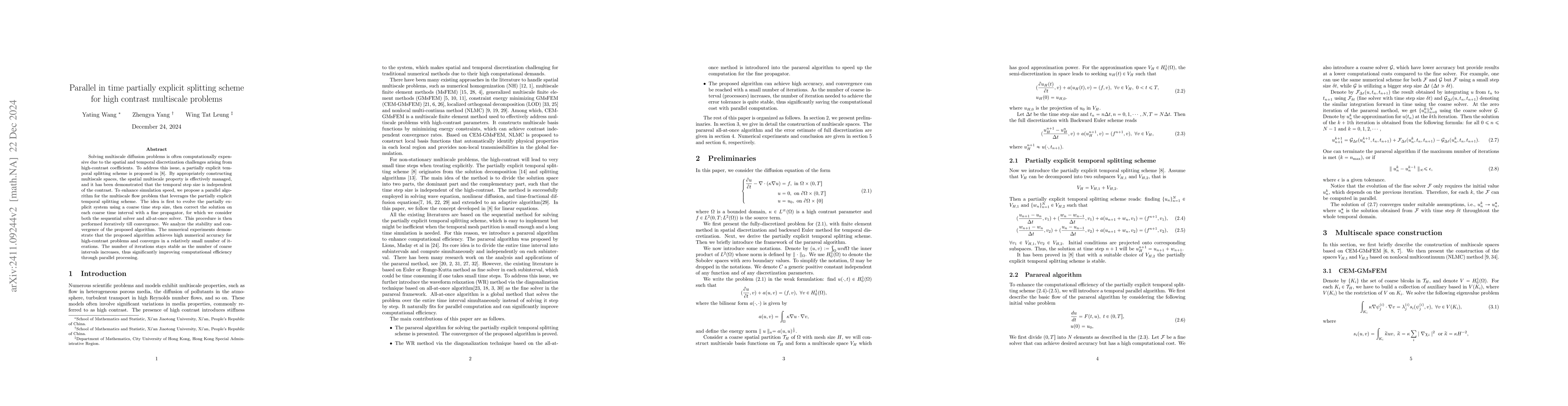 Thumbnail for Parallel in time partially explicit splitting scheme for high contrast
  multiscale problems