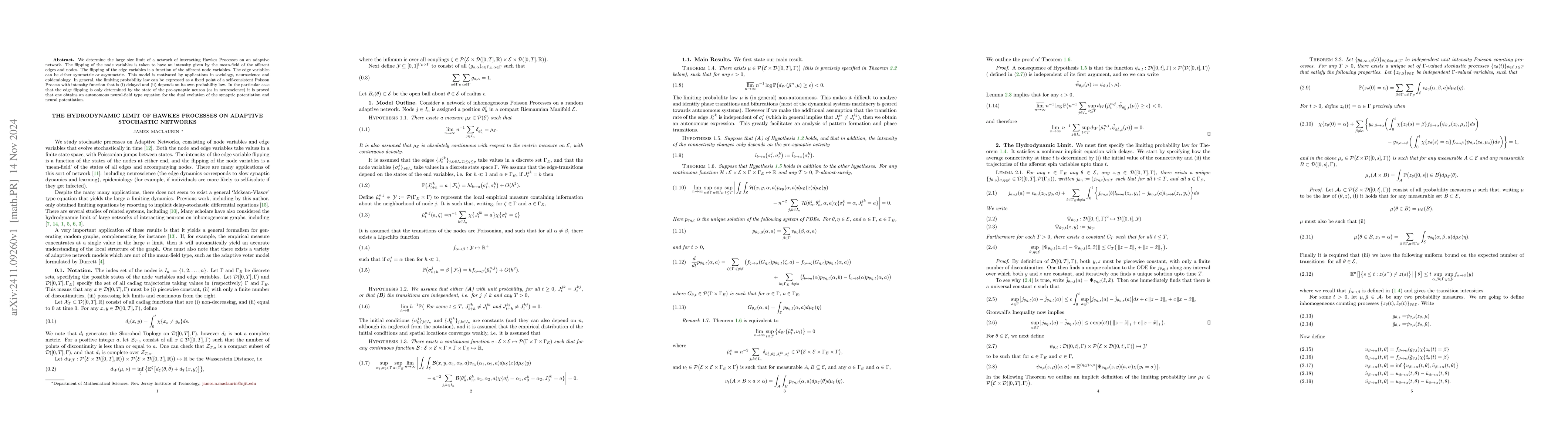 Thumbnail for The Hydrodynamic Limit of Hawkes Processes on Adaptive Stochastic
  Networks