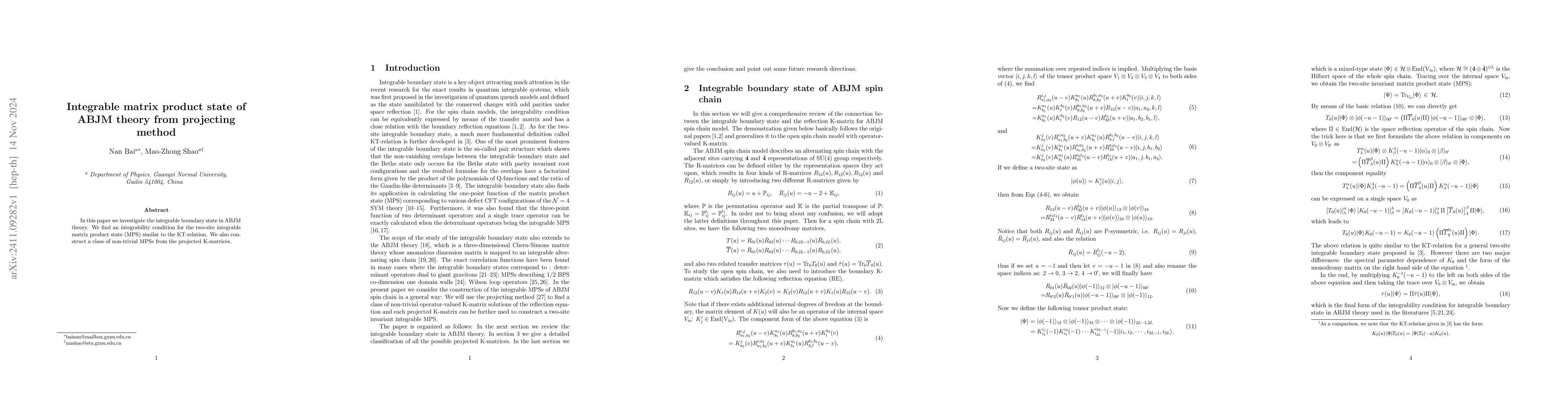 Thumbnail for Integrable matrix product state of ABJM theory from projecting method