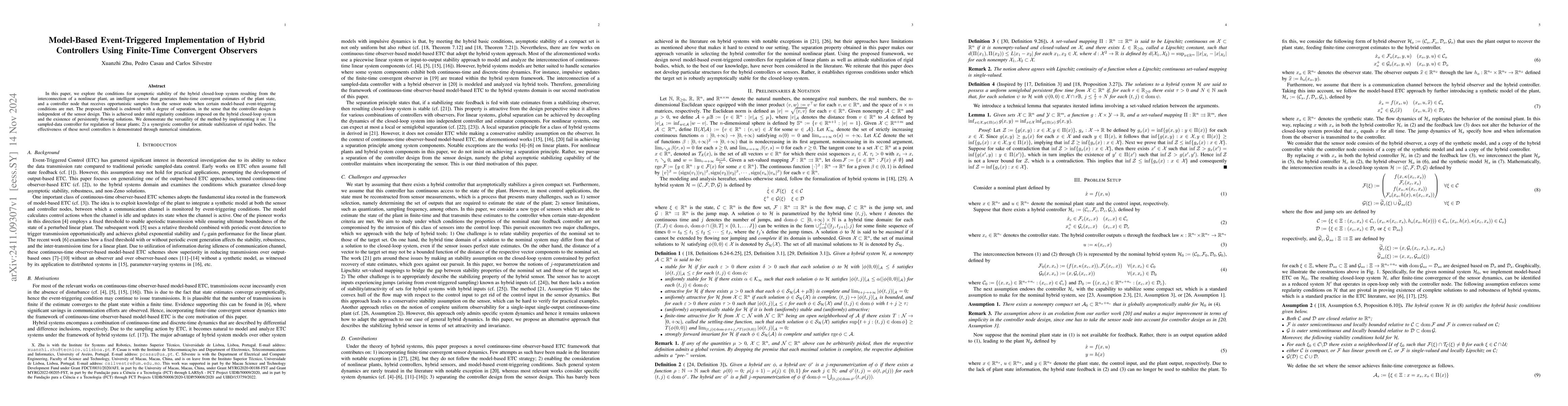 Thumbnail for Model-Based Event-Triggered Implementation of Hybrid Controllers Using
  Finite-Time Convergent Observers