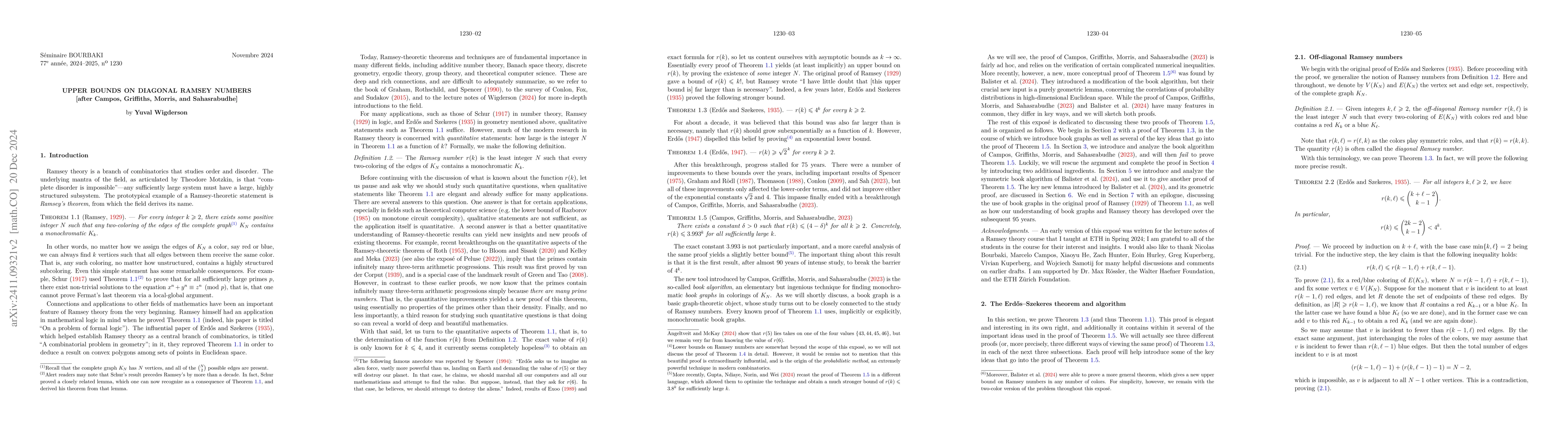 Thumbnail for Upper bounds on diagonal Ramsey numbers [after Campos, Griffiths,
  Morris, and Sahasrabudhe]