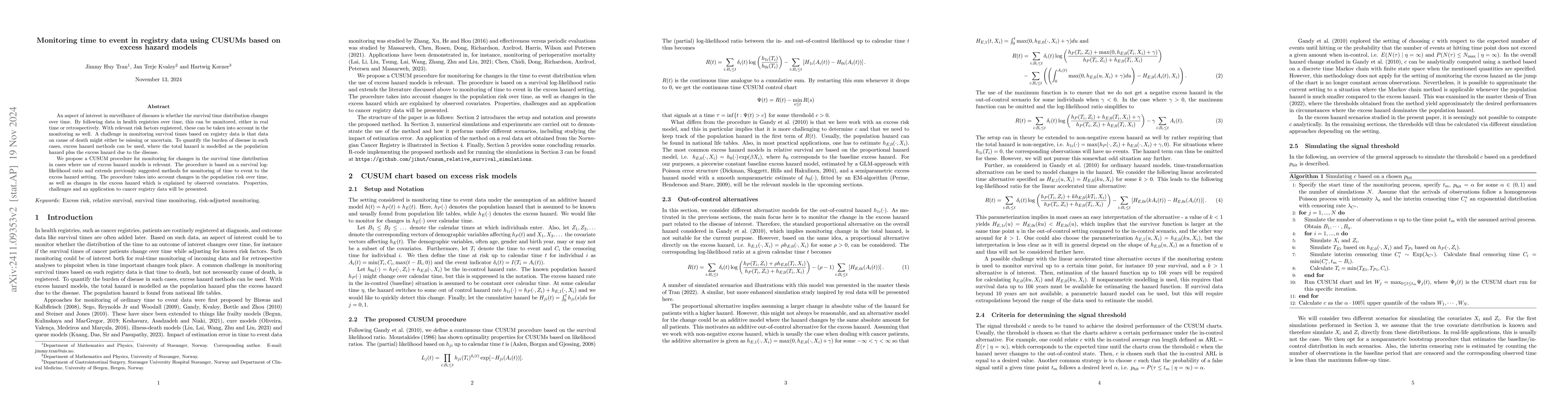 Thumbnail for Monitoring time to event in registry data using CUSUMs based on excess
  hazard models