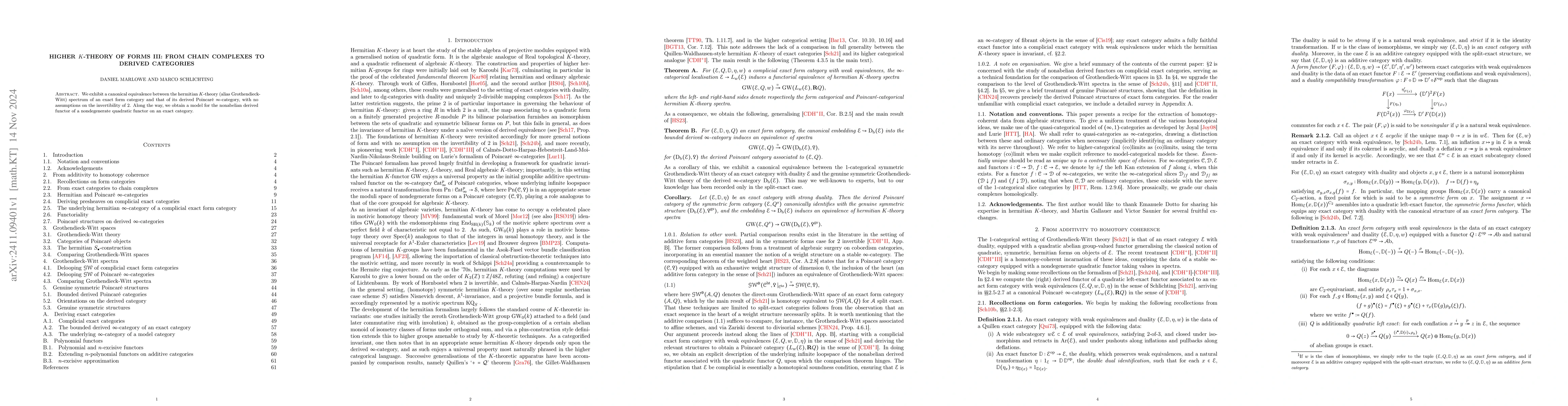 Thumbnail for Higher $K$-theory of forms III: from chain complexes to derived
  categories