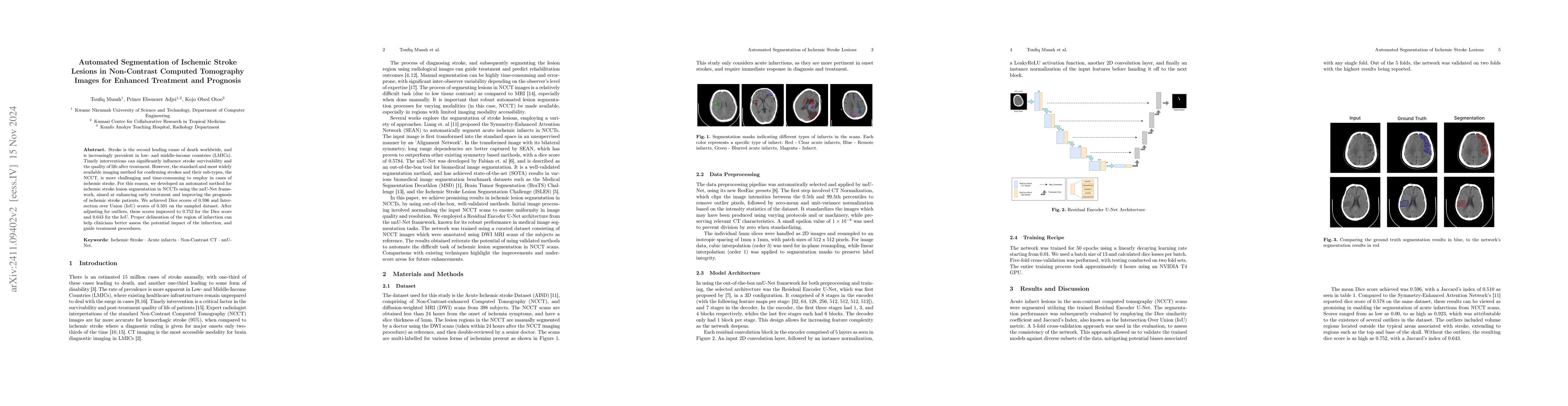 Thumbnail for Automated Segmentation of Ischemic Stroke Lesions in Non-Contrast
  Computed Tomography Images for Enhanced Treatment and Prognosis
