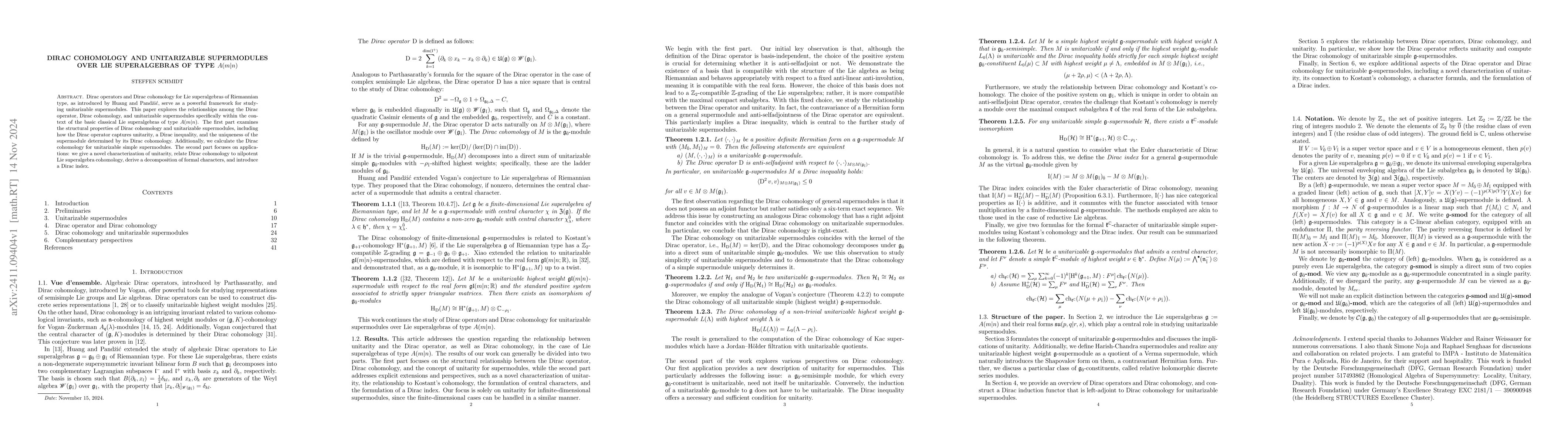 Thumbnail for Dirac Cohomology and Unitarizable Supermodules over Lie Superalgebras of
  Type $A(m\vert n)$