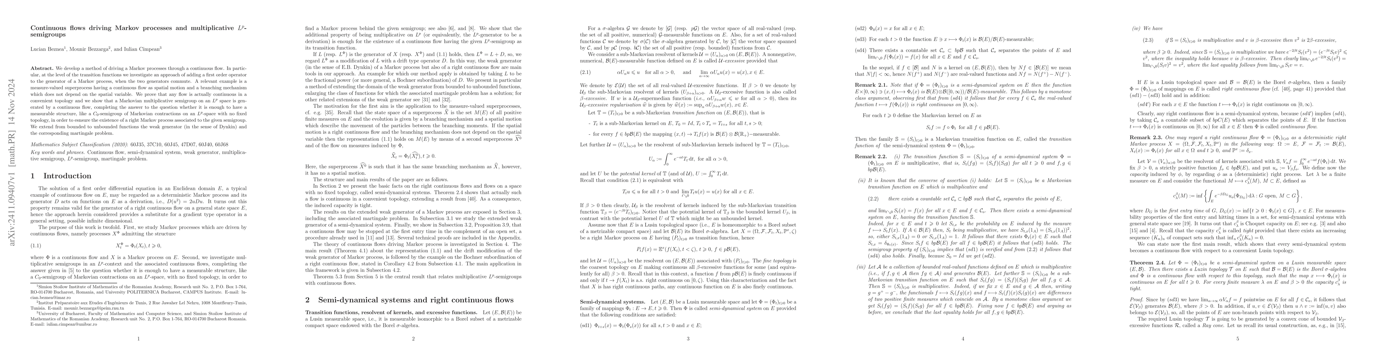 Thumbnail for Continuous flows driving Markov processes and multiplicative
  $L^p$-semigroups